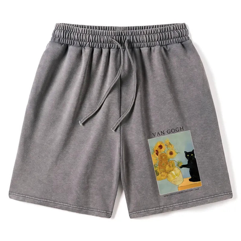 Washed Black Cat Shorts Free Shipping