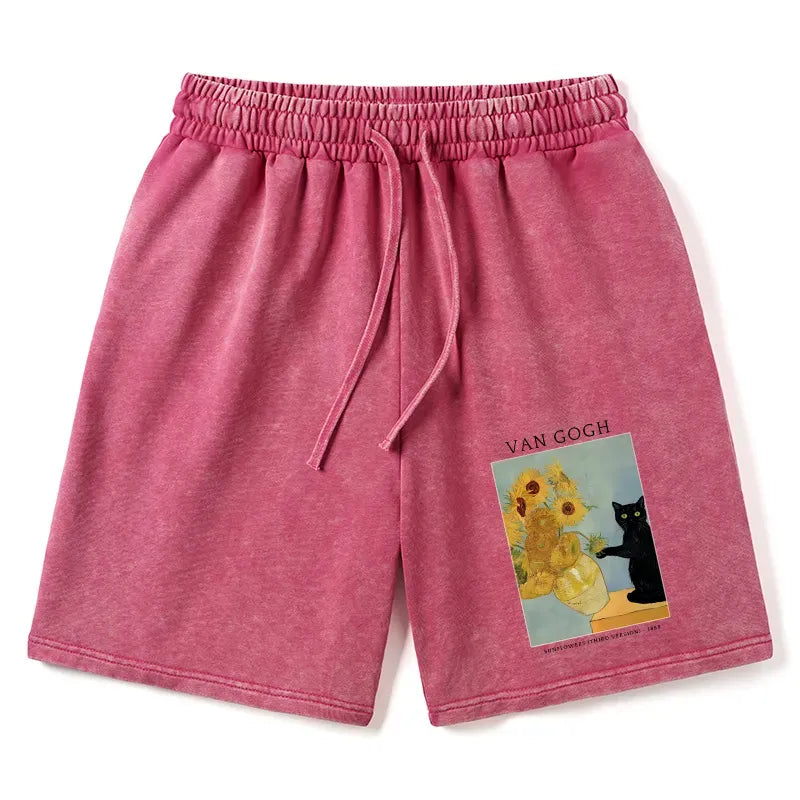 Kyoto-Lion Black Cat With Sunflowers Washed Shorts