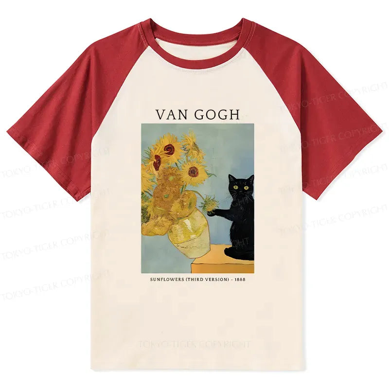 Japanese Black Cat Sunflowers Raglan T-shirt