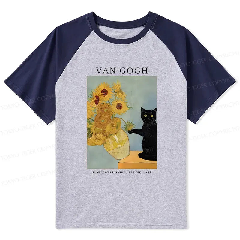 Japanese Black Cat Sunflowers Raglan T-shirt