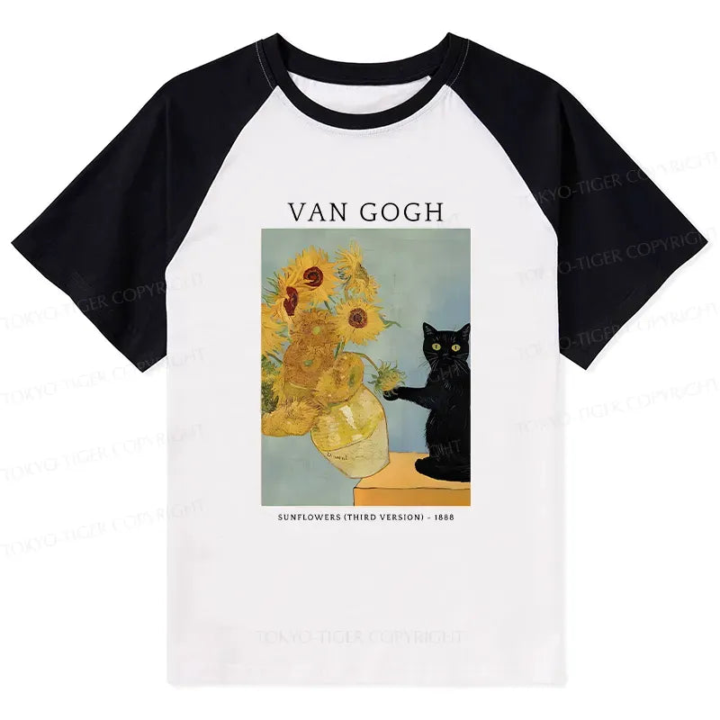 Kyoto-Lion Black Cat With Sunflowers Raglan T-shirt