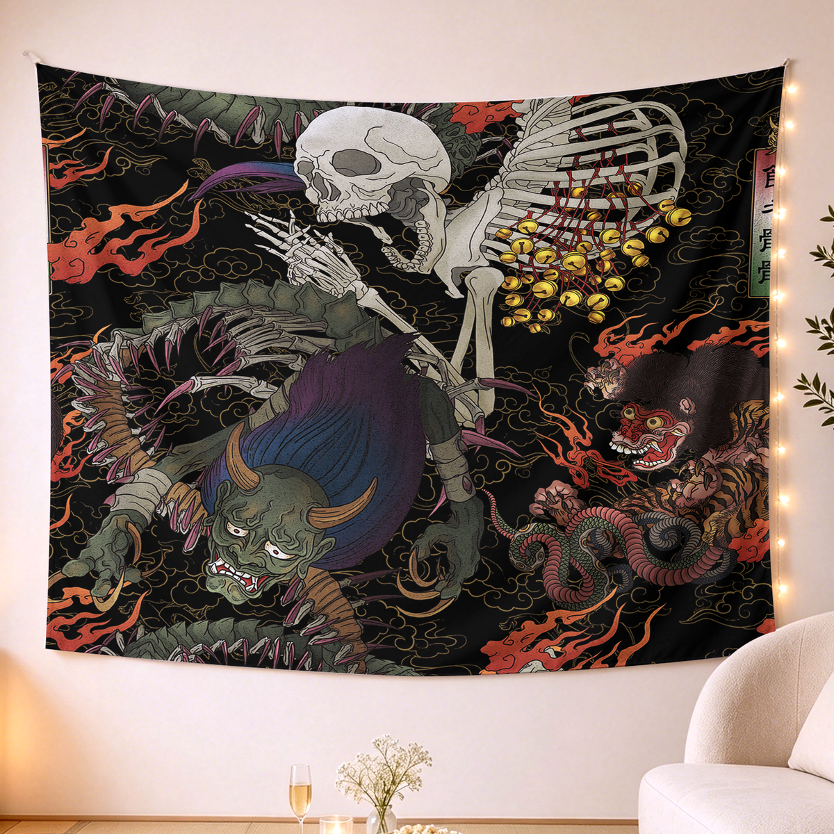 Kyoto-Lion Japanese Yokai And Skeletons Tapestry
