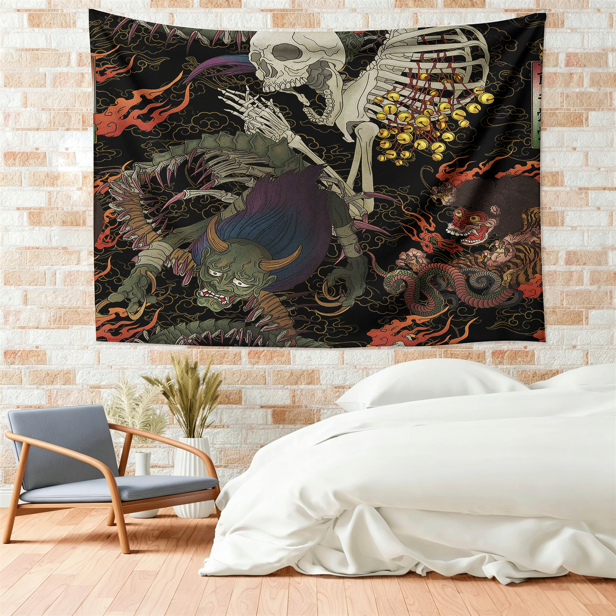 Kyoto-Lion Japanese Yokai And Skeletons Tapestry