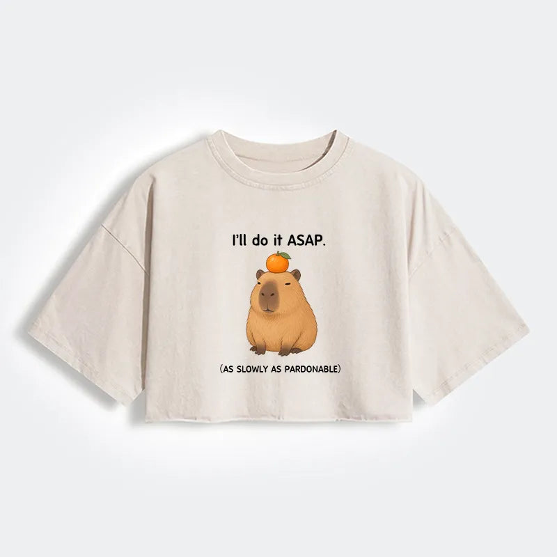 Kyoto-Lion Slow Task Capybara Meme Women's Washed Crop T-Shirt