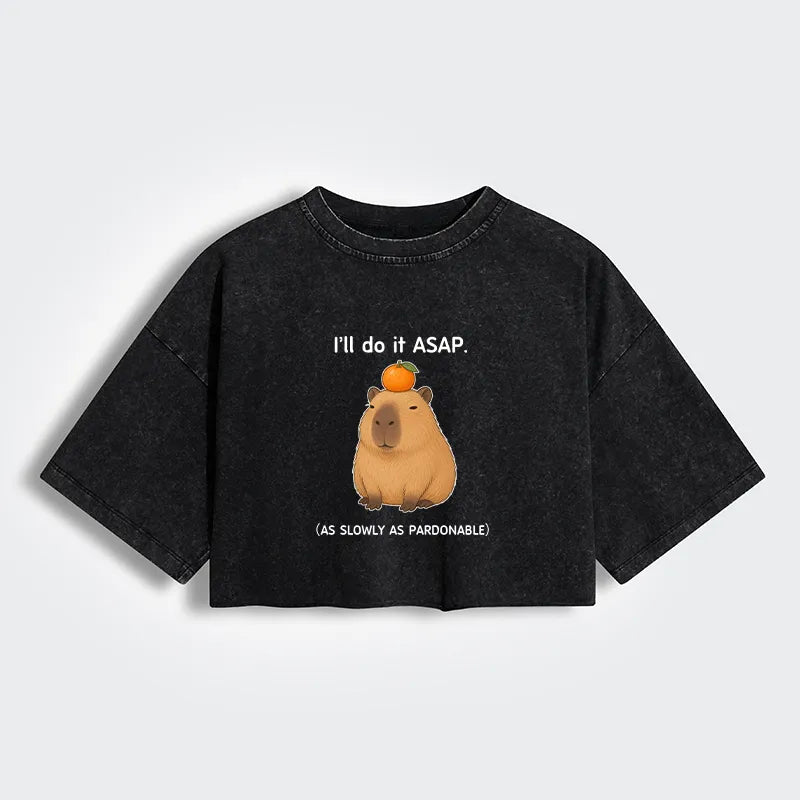 Kyoto-Lion Slow Task Capybara Meme Women's Washed Crop T-Shirt