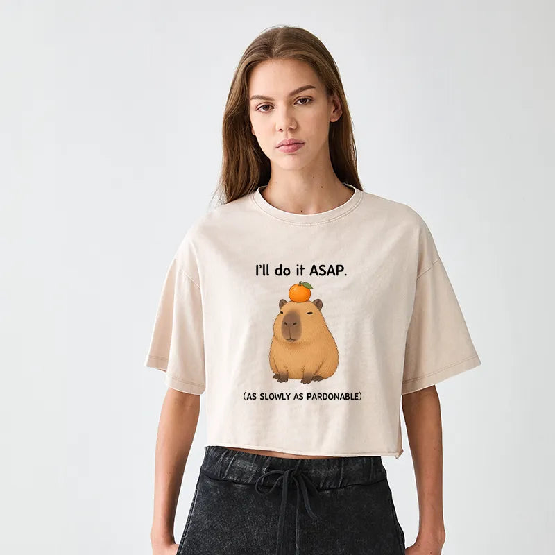 Kyoto-Lion Slow Task Capybara Meme Women's Washed Crop T-Shirt