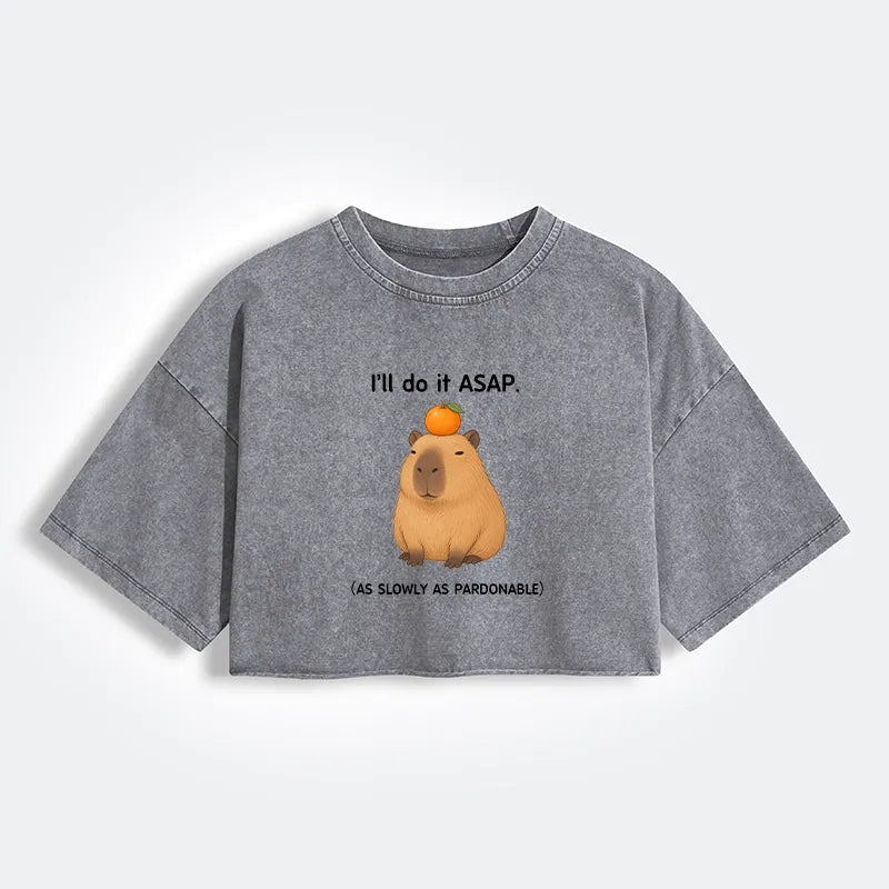 Kyoto-Lion Slow Task Capybara Meme Women's Washed Crop T-Shirt