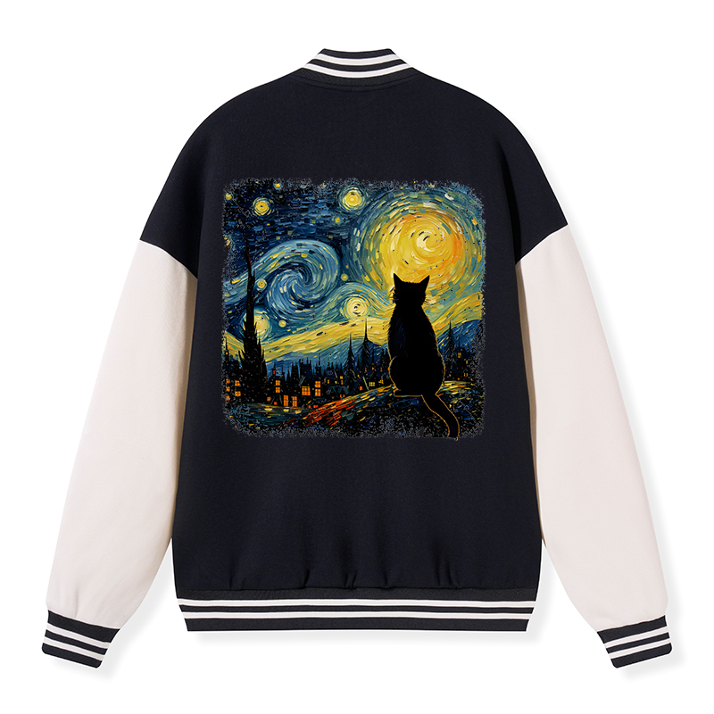 Kyoto-Lion The Starry Night Cat Embroidery Varsity Jacket