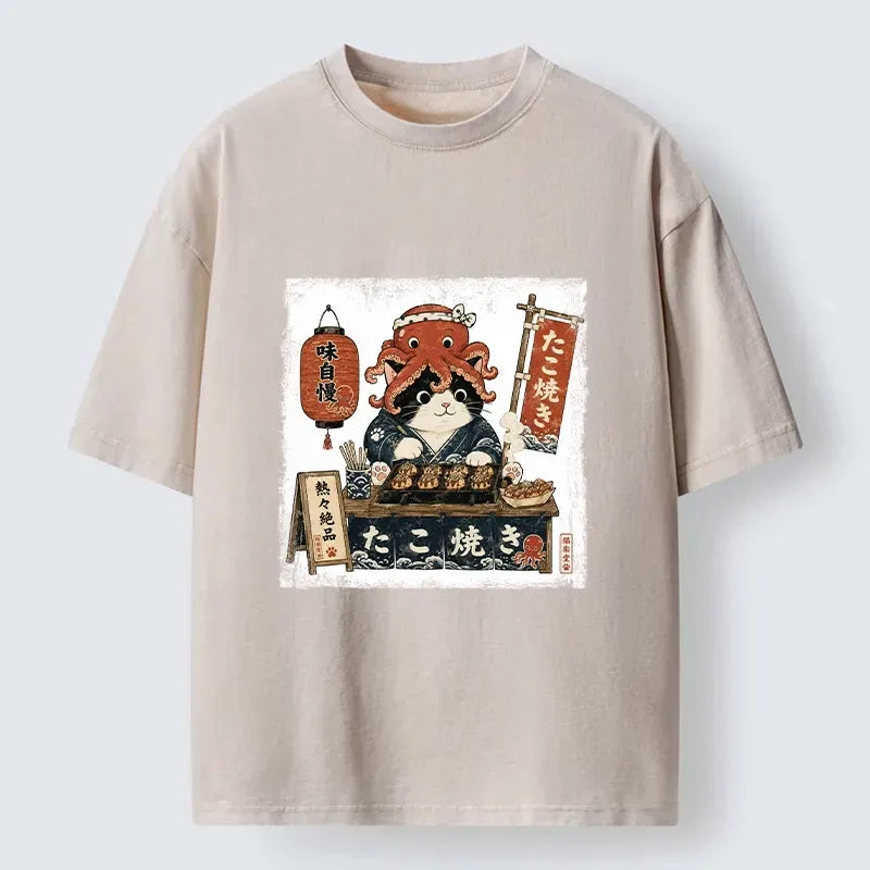 Kyoto-Lion Cute Vendor Cat Sells Fresh Octopus Balls Washed T-Shirt