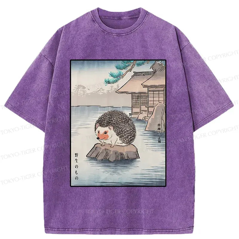 Kyoto-Lion Hedgehog Taking A Hot Spring Bath Washed T-Shirt