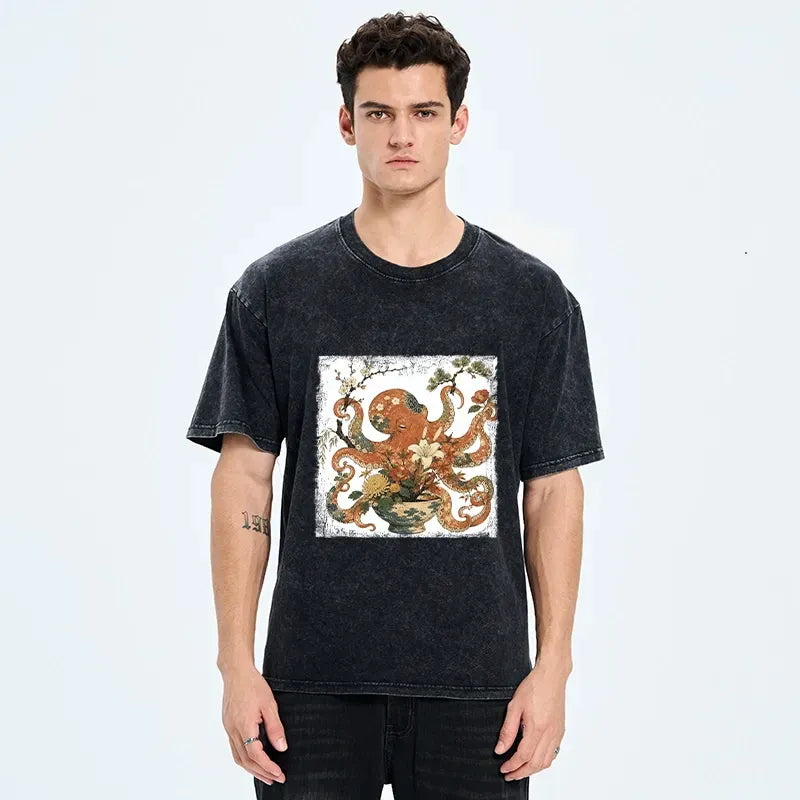 Kyoto-Lion Floral Octopus Ukiyo Art Washed T-Shirt