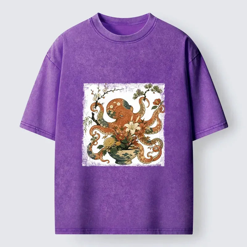 Kyoto-Lion Floral Octopus Ukiyo Art Washed T-Shirt