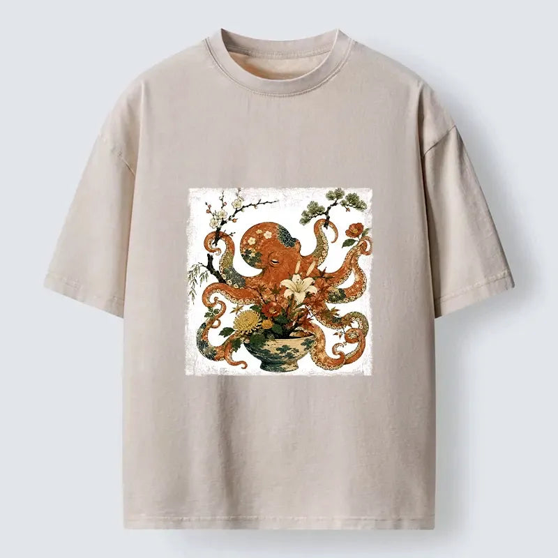 Kyoto-Lion Floral Octopus Ukiyo Art Washed T-Shirt