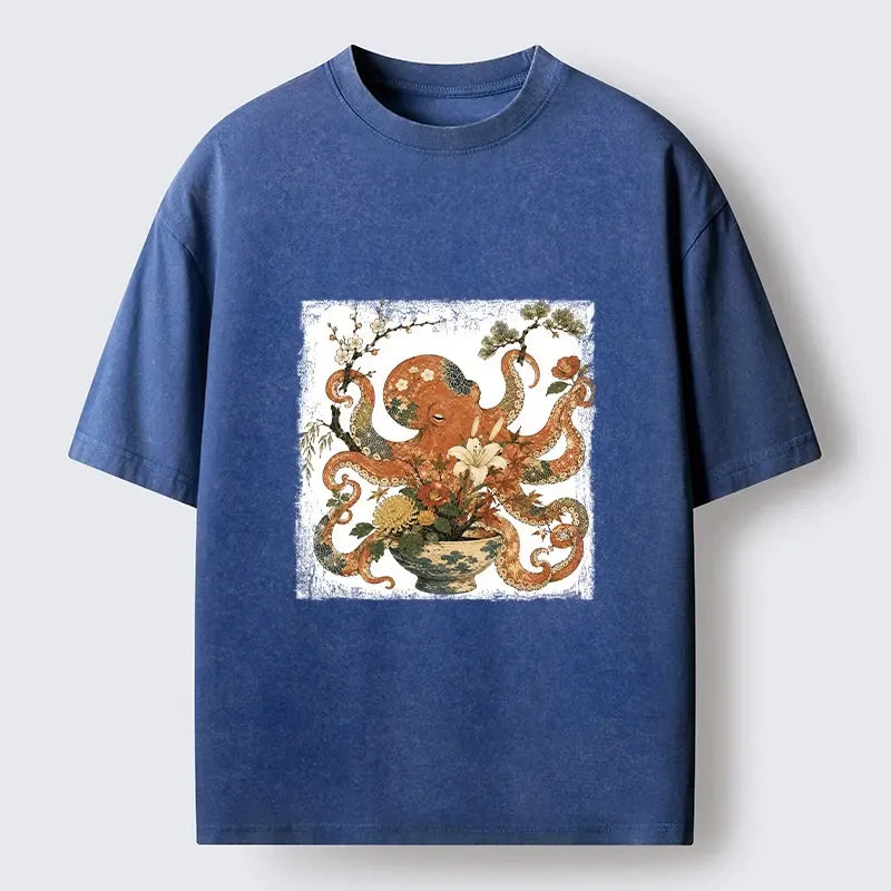 Kyoto-Lion Floral Octopus Ukiyo Art Washed T-Shirt