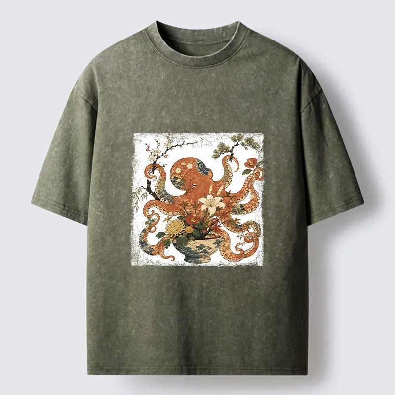 Kyoto-Lion Floral Octopus Ukiyo Art Washed T-Shirt