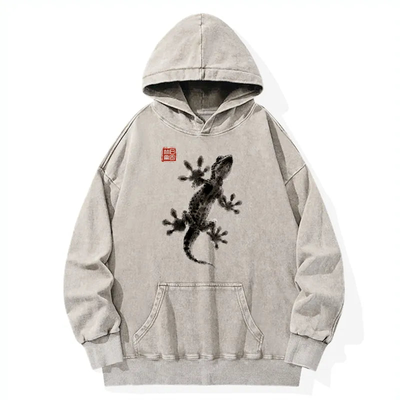Kyoto-Lion Minimal Asian Ink Brush Gecko Vibe Washed Hoodie