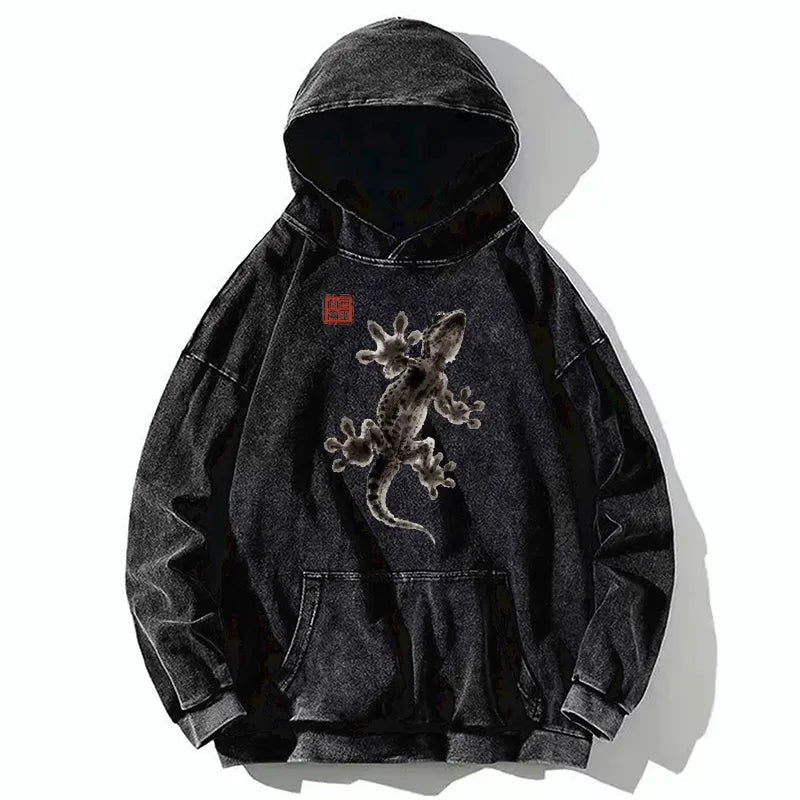 Kyoto-Lion Minimal Asian Ink Brush Gecko Vibe Washed Hoodie