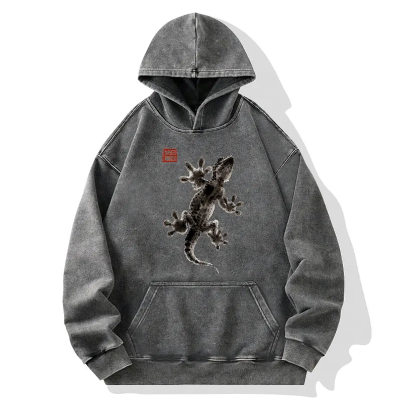 Kyoto-Lion Minimal Asian Ink Brush Gecko Vibe Washed Hoodie