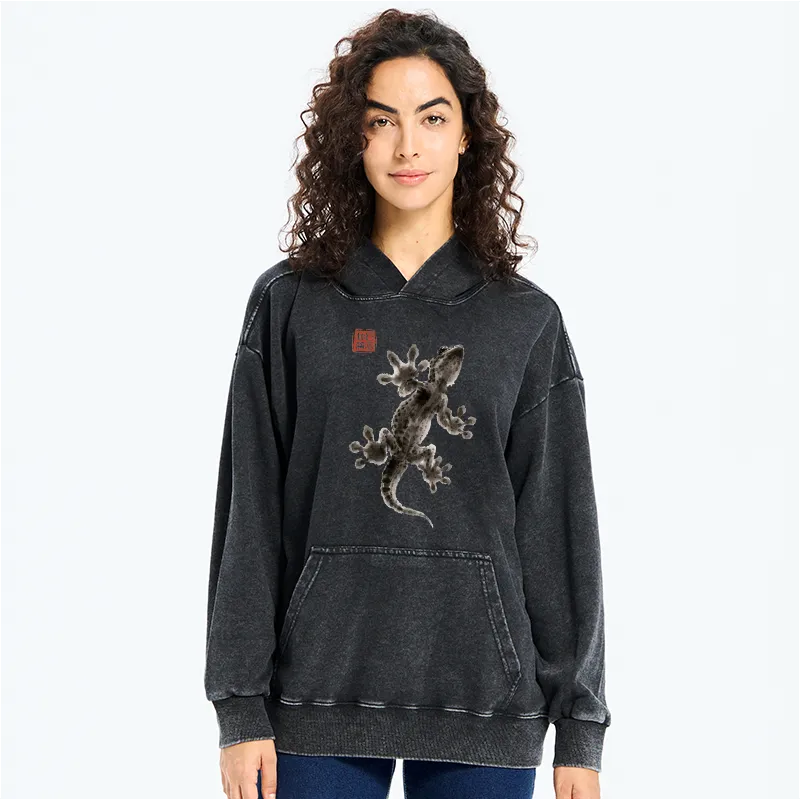 Kyoto-Lion Minimal Asian Ink Brush Gecko Vibe Washed Hoodie