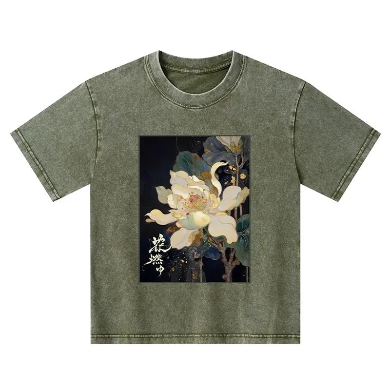 Kyoto-Lion Lotus Adorned With Golden Specks Kids Washed T-Shirt