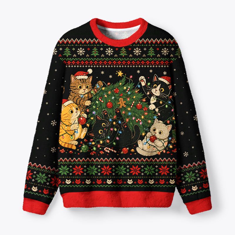 Kyoto-Lion Cats Decorate Tree Fuzzy Christmas Ugly Sweatshirt