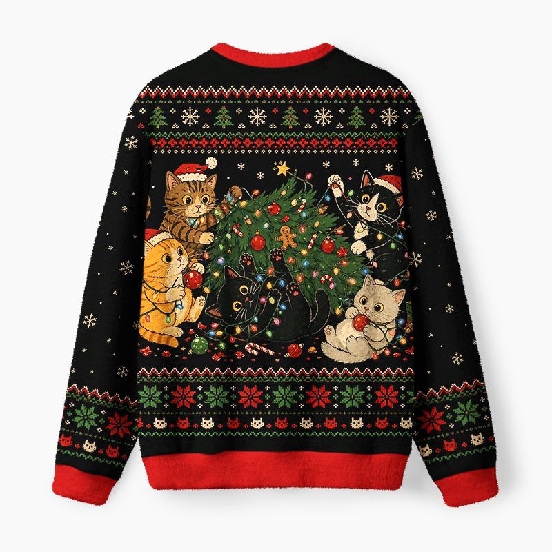 Kyoto-Lion Cats Decorate Tree Fuzzy Christmas Ugly Sweatshirt