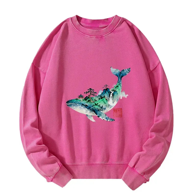 Kyoto-Lion Whale Ink Painting Landscape Washed Sweatshirt