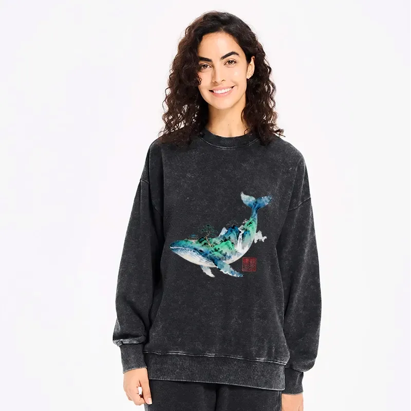 Kyoto-Lion Whale Ink Painting Landscape Washed Sweatshirt