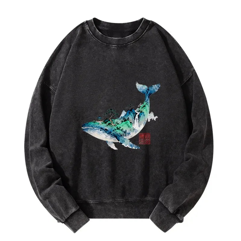 Kyoto-Lion Whale Ink Painting Landscape Washed Sweatshirt