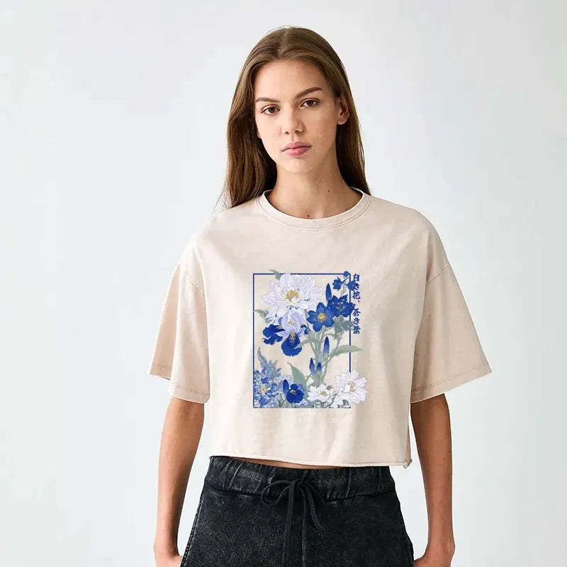 Kyoto-Lion Blossoms Of The Firmament Women's Washed Crop T-Shirt