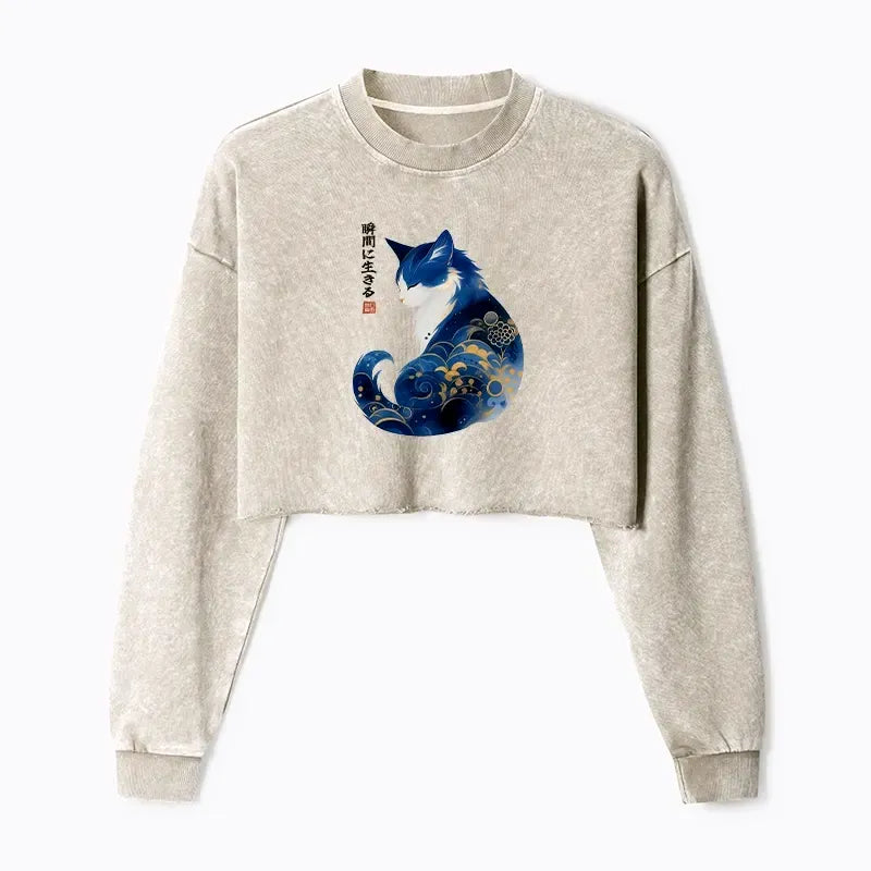 Kyoto-Lion Retro Zen Cat: Living the Present Washed Crop Sweatshirt
