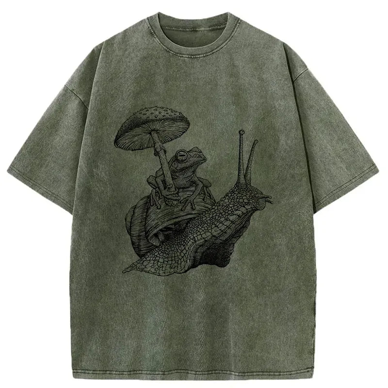 Kyoto-Lion Snail Is Carrying A Frog On Its Back Washed T-Shirt
