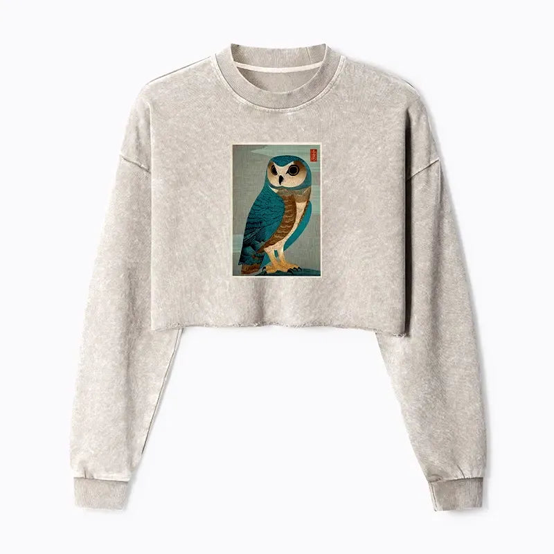 Kyoto-Lion Vintage Owl Woodblock Art Washed Crop Sweatshirt