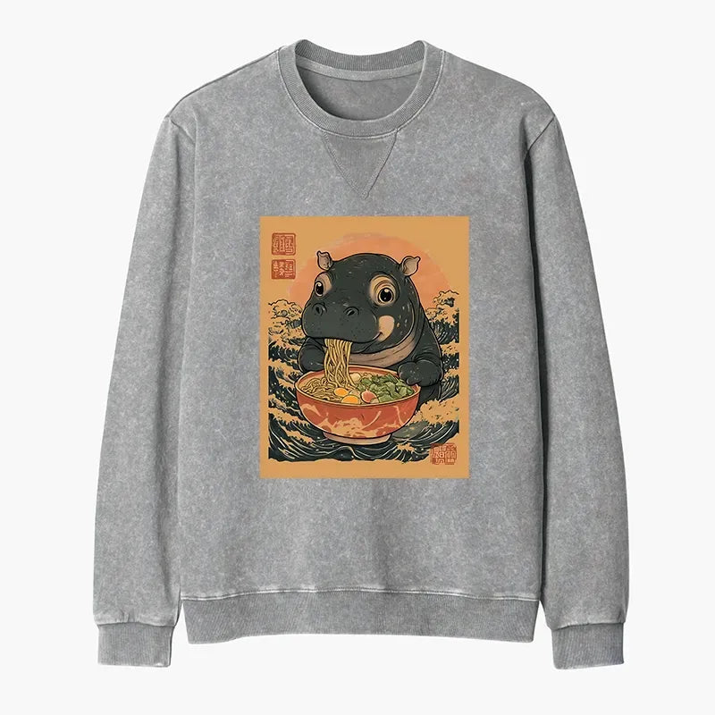 Kyoto-Lion Up Moo Deng Eat Ramen Washed Terry Sweatshirt