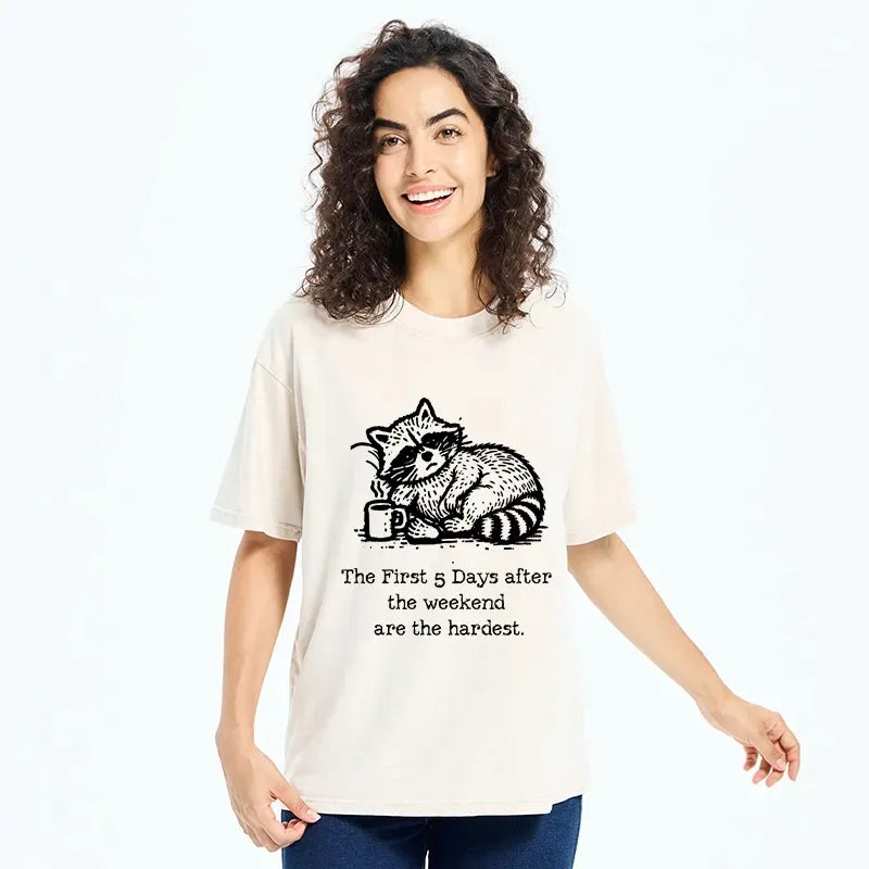 Kyoto-Lion Funny Meme Monday Blues Coffee Raccoon Washed T-Shirt