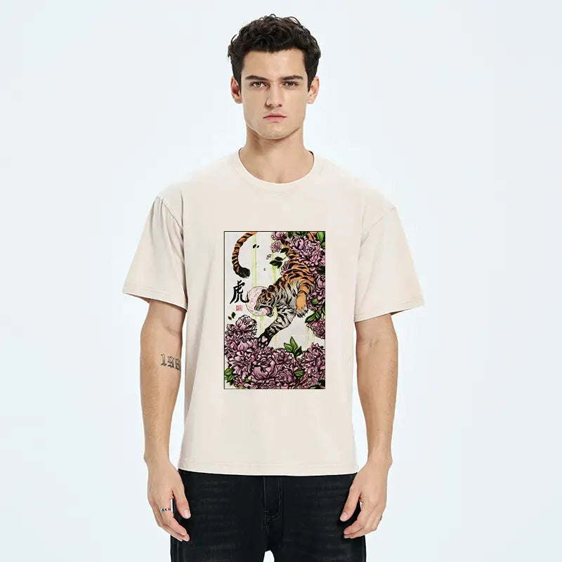 Kyoto-Lion Tiger And Peony Washed T-Shirt