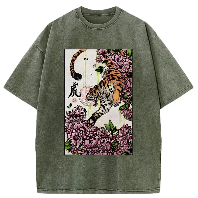 Kyoto-Lion Tiger And Peony Washed T-Shirt