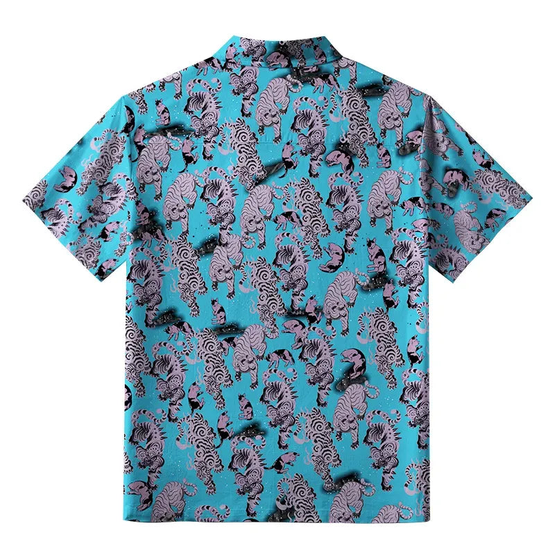 Kyoto-Lion Hundred Tigers Blue Aloha Hawaiian Shirt