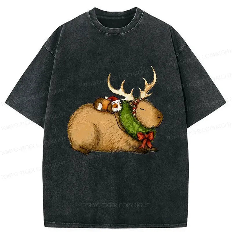 Kyoto-Lion Christmas Capybara Washed T-Shirt