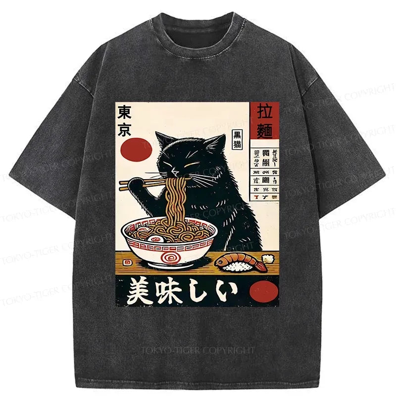 Kyoto-Lion Black Cat Eating Japanese Ramen Washed T-Shirt