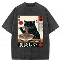Kyoto-Lion Black Cat Eating Japanese Ramen Washed T-Shirt