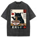 Kyoto-Lion Black Cat Eating Japanese Ramen Washed T-Shirt