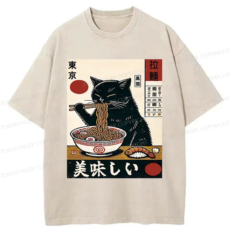 Kyoto-Lion Black Cat Eating Japanese Ramen Washed T-Shirt