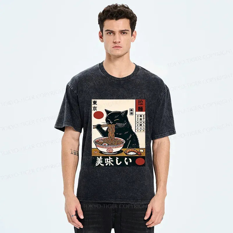 Black Cat Eating Ramen Tee