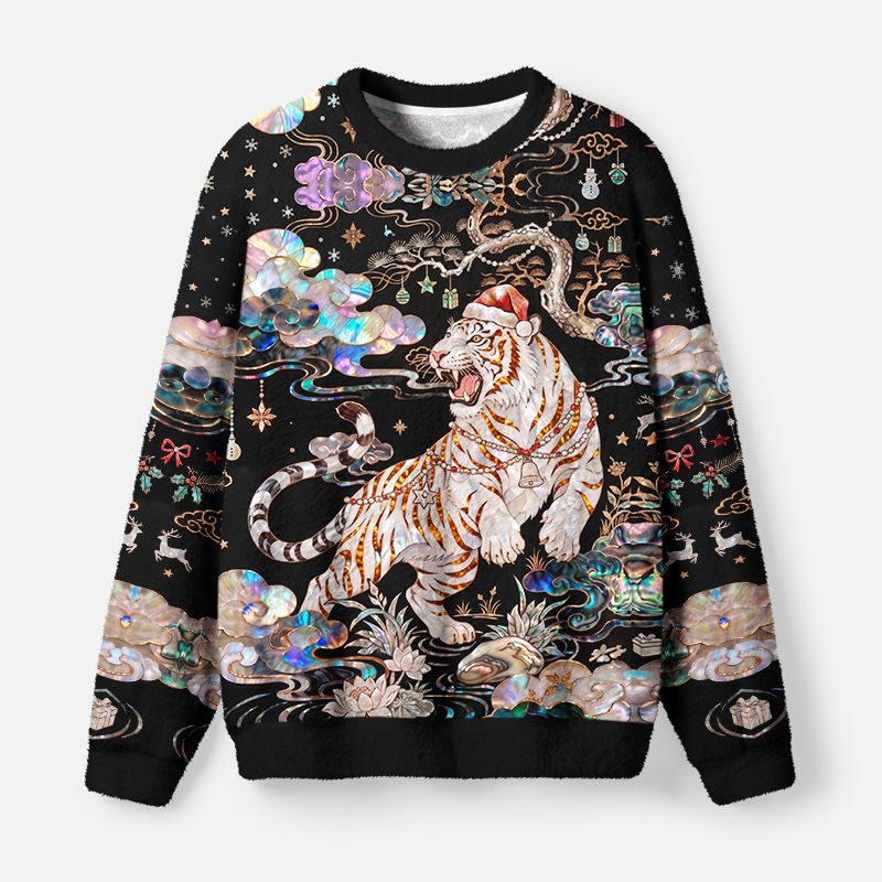 Kyoto-Lion Celestial Tiger Rising Fuzzy Christmas Ugly Sweatshirt