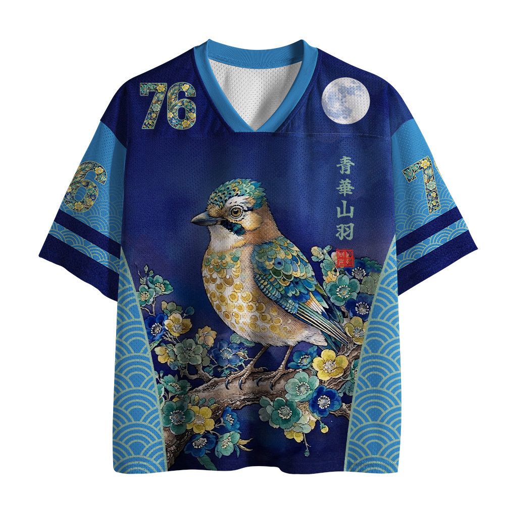 Kyoto-Lion Japanese Flower Blue Mountain Bird Mesh Jersey
