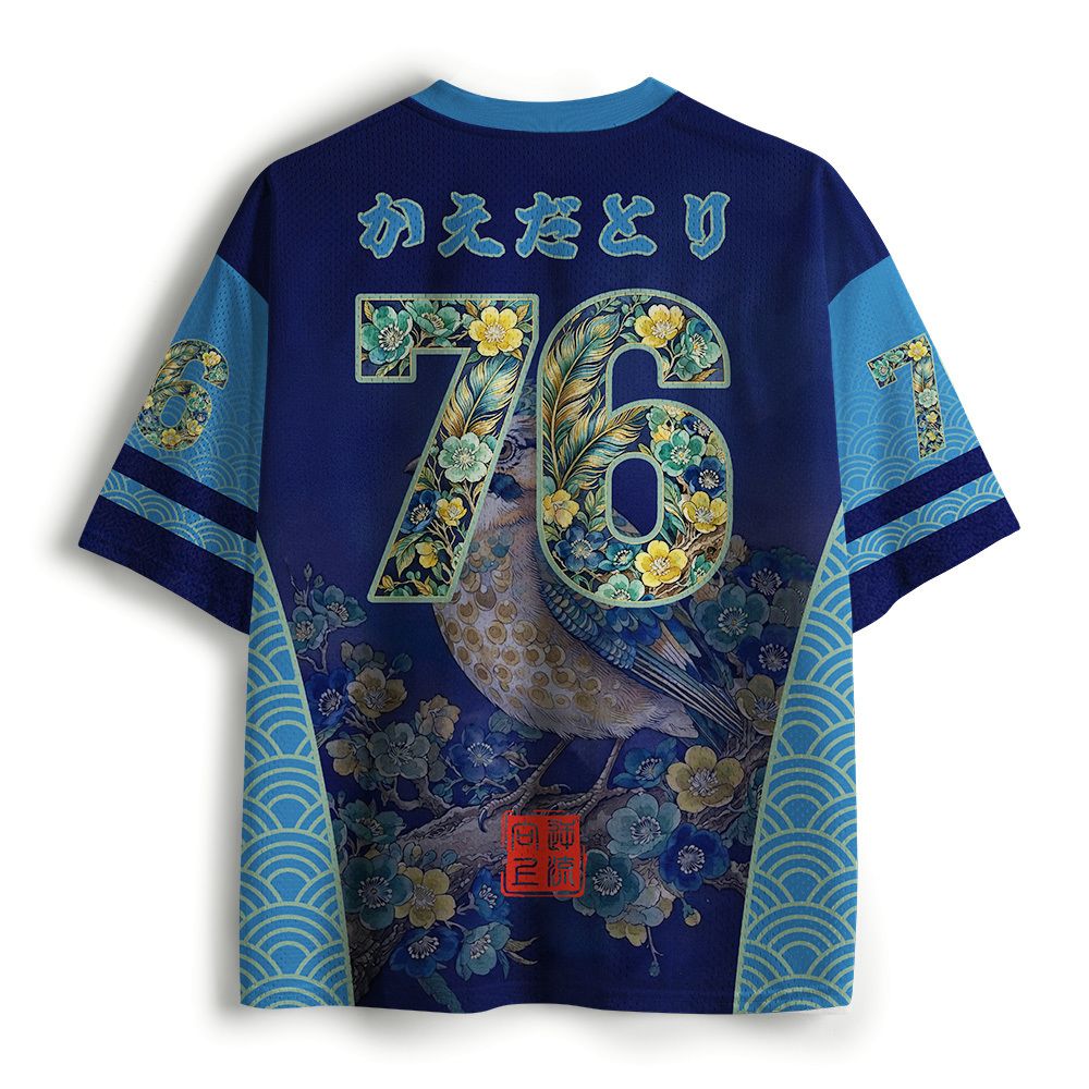 Kyoto-Lion Japanese Flower Blue Mountain Bird Mesh Jersey