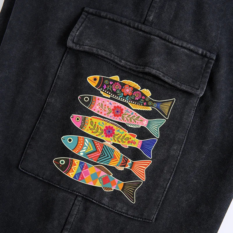 Kyoto-Lion Colorful Patterned Fish Washed Utility Sweatpants