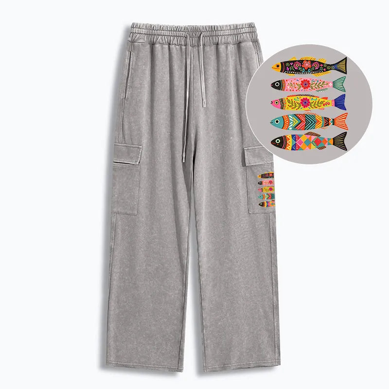 Kyoto-Lion Colorful Patterned Fish Washed Utility Sweatpants