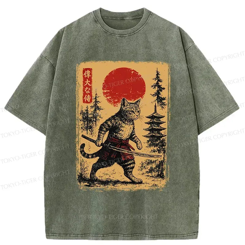 Japanese Samurai Cat Washed T-Shirt